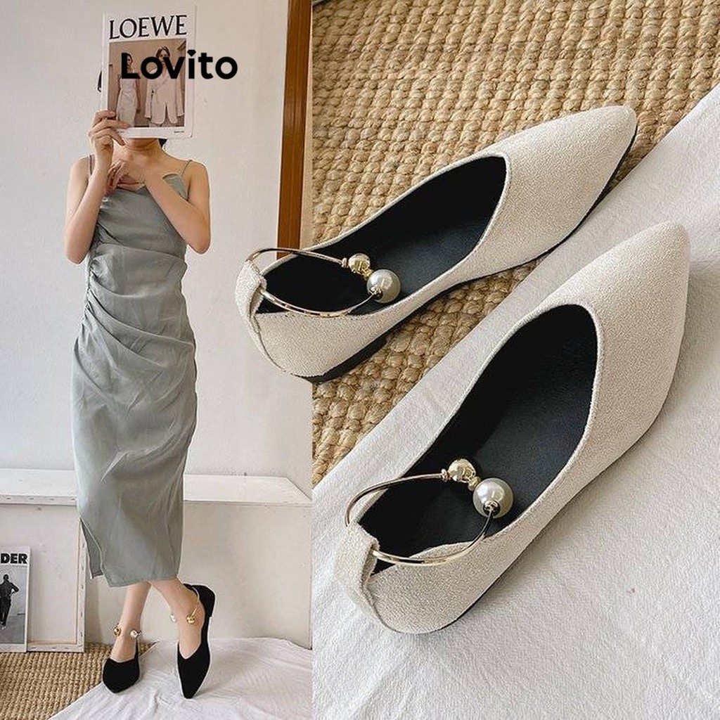 Lovito รองเท้าแตะโลหะมุกธรรมดาแบบสบาย ๆ สำหรับผู้หญิง LFA45393