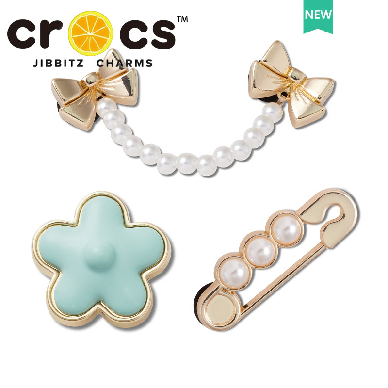 jibbitz crocs charm หัวเข็มขัดโลหะ Pearl Bow Chain DIY ตกแต่งเพิ่มสไตล์แฟชั่นรองเท้า จิ๊บบิท ตัวติดรองเท้า crocs