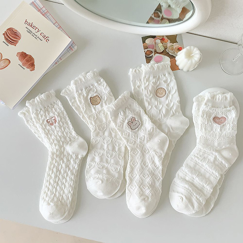 พร้อมส่ง : ถุงเท้า ข้อยาว 5 คู่ ขาวล้วน แต่งอิโมจิ เก๋ๆ ใส่ได้ทุกวัน มินิมอล แฟชั่น น่ารัก ผ้านุ่ม - รูปที่ 2