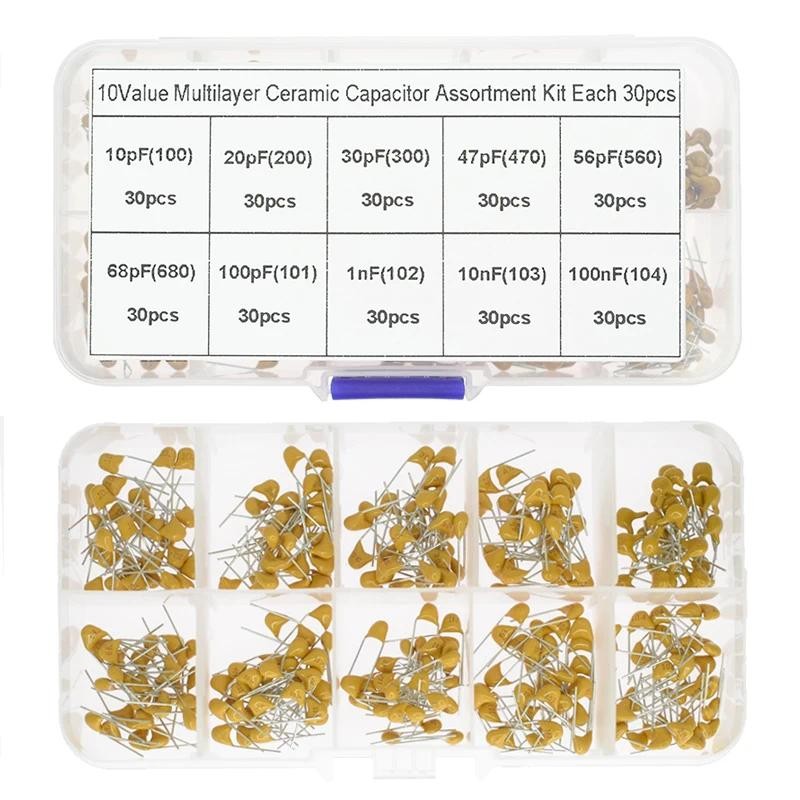 300pcs 10Value 50V 10pf 20pf 30pf 47pf 56pf 68pf 100pf 1nf 10nf 100nf Multilayer ตัวเก็บประจุเซรามิค
