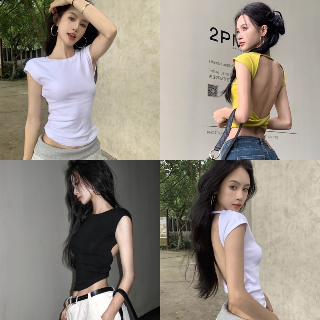 🌛Soroh🌜เสื้อยืดผู้หญิง ไหมพรม มีฟองน้ำ เว้าหลัง คอกลม แขนสั้น เข้ารูป🎇เสื้อครอป สไตล์เกาหลี แฟชั่น✨#FY5037