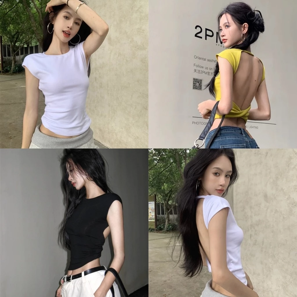 🌛Soroh🌜เสื้อยืดผู้หญิง ไหมพรม มีฟองน้ำ เว้าหลัง คอกลม แขนสั้น เข้ารูป🎇เสื้อครอป สไตล์เกาหลี แฟชั่น✨#FY5037