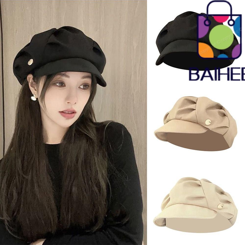 Baihee หมวก Newsboy, หมวกแปดเหลี่ยมชั้นกันลม, หมวกเบเร่ต์จีบสีทึบระบายอากาศแบบปรับได้ฤดูใบไม้ร่วงและฤดูหนาว