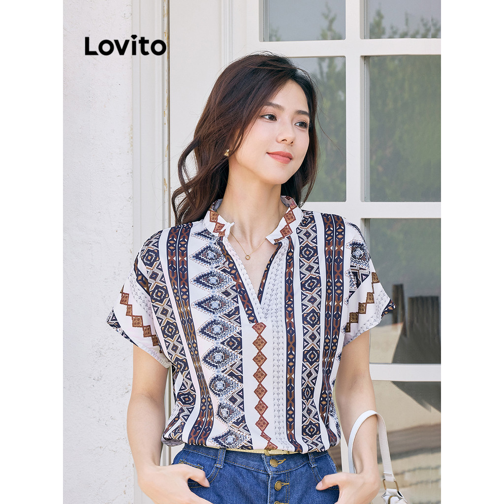 Lovito เสื้อเบลาส์ลายพิมพ์ชนเผ่า โบโฮ สำหรับผู้หญิง L95ED146