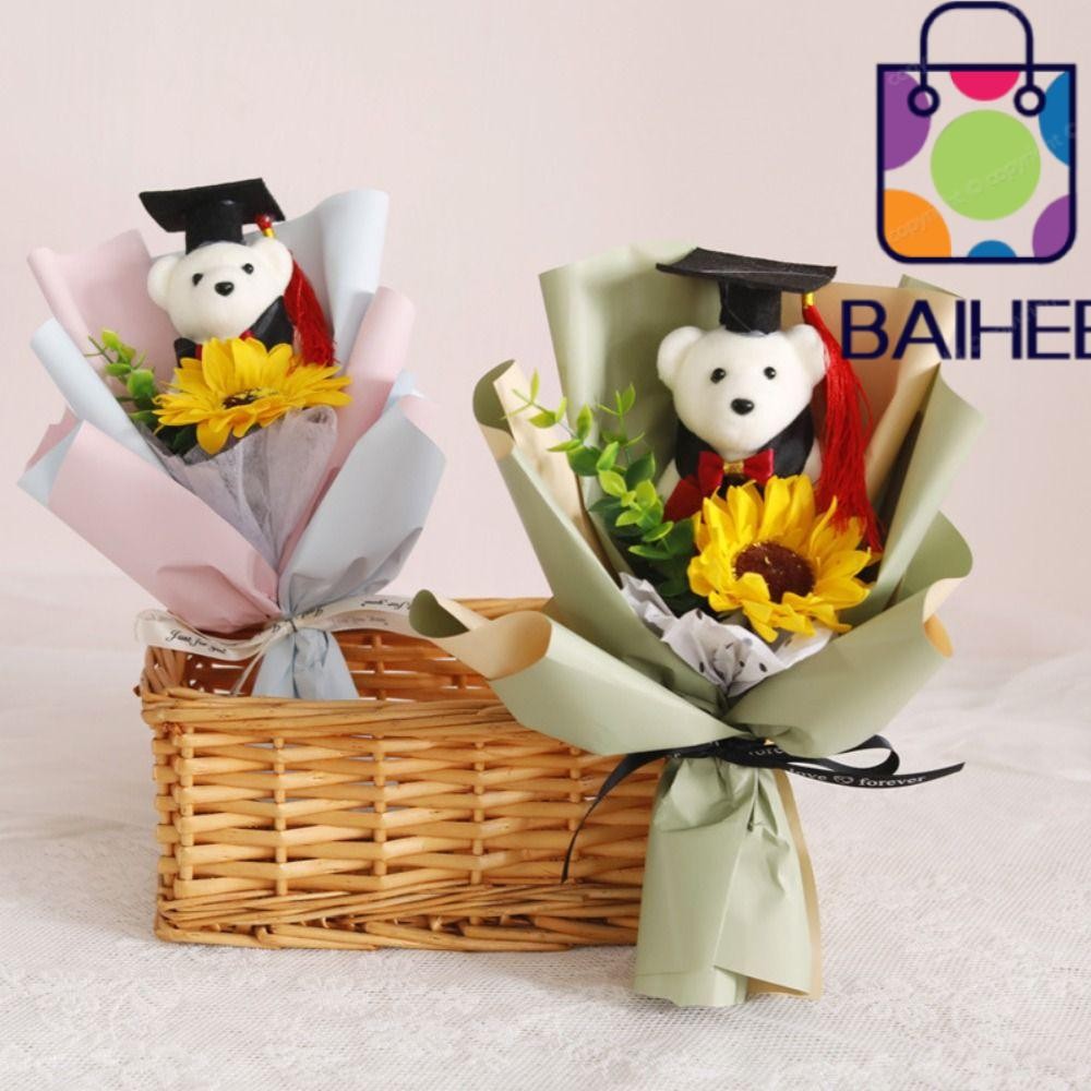 ไป๋เฮ ช่อดอกไม้รับปริญญา, หมีสัตว์ดอกทานตะวันของขวัญสําเร็จการศึกษา, น่าทึ่งน่ารักหมีการ์ตูนช่อดอกไม้ตกแต่งวันวาเลนไทน์