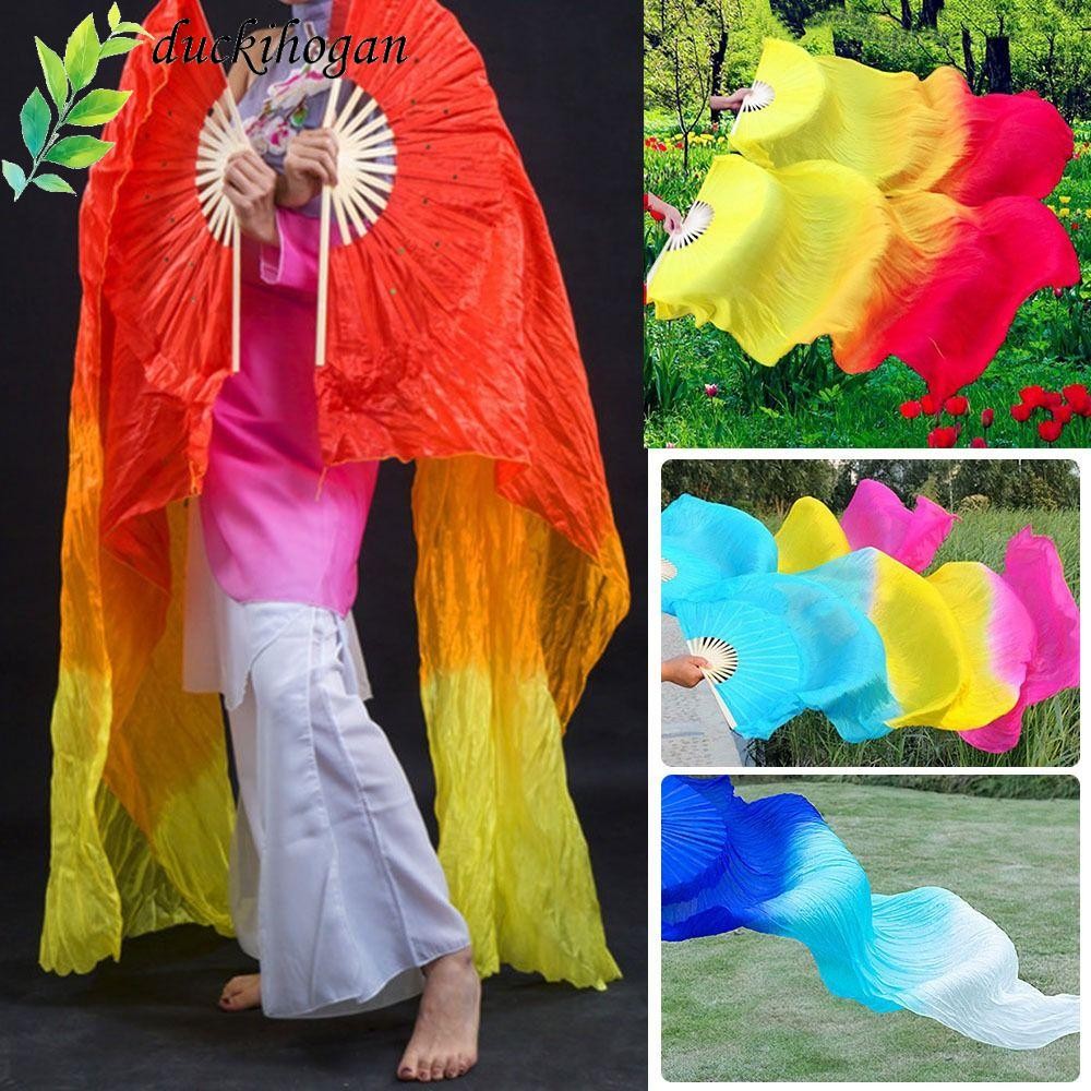 Duckihogan พัดเต้นรําหน้าท้อง ผ้าไหมเทียม ไล่โทนสี ยาว สําหรับผู้หญิง