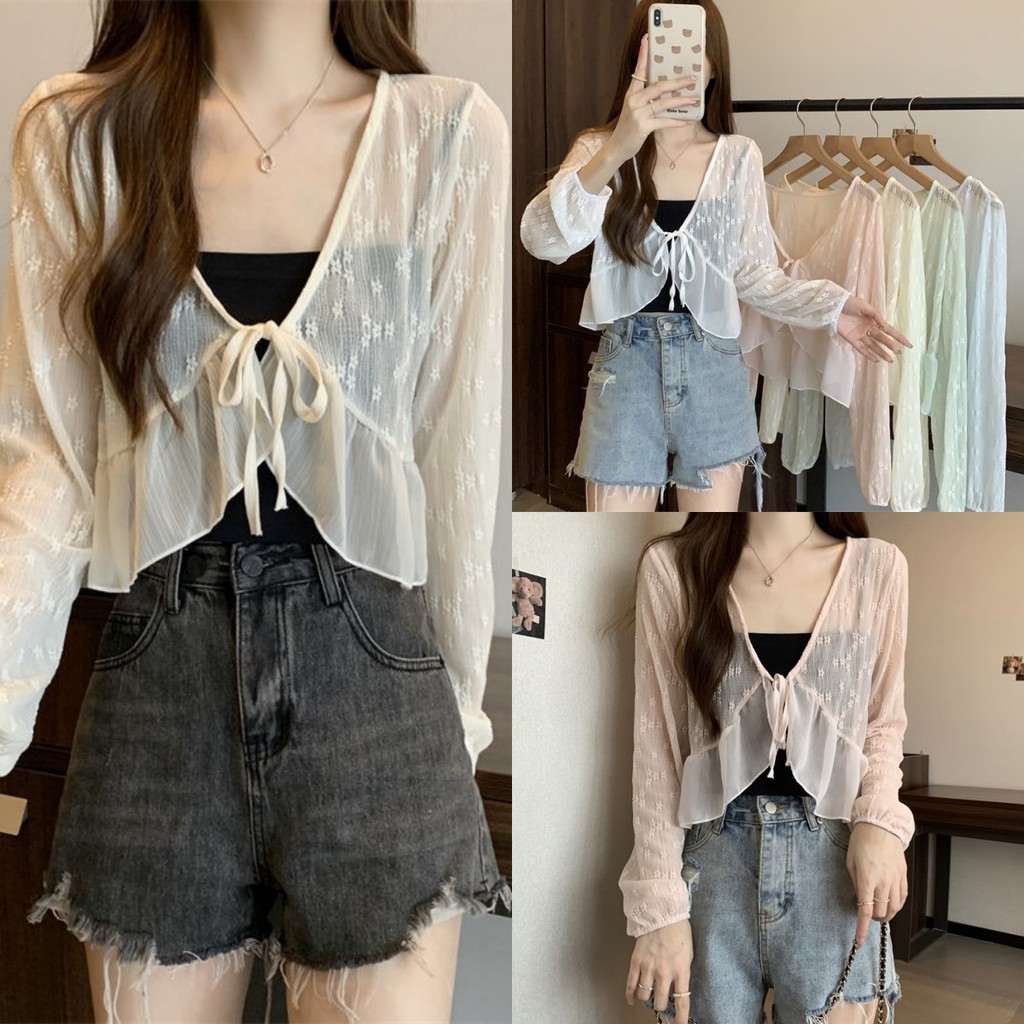🍈Evelyn🍈เสื้อคลุมถักไหมพรมผ้าซีทรู ลวดลายลูกไม้แขนยาว สไตล์เกาหลี เท่ๆ ใส่สบาย ส่งไวจากไทย