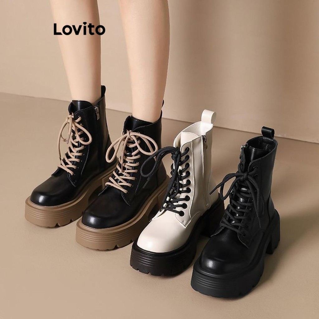 (Lovito Refine) ลูกไม้ธรรมดาขึ้น สีบล็อกหนา แต่เพียงผู้เดียวรองเท้าแฟชั่นอังกฤษสำหรับผู้หญิง LFA46382