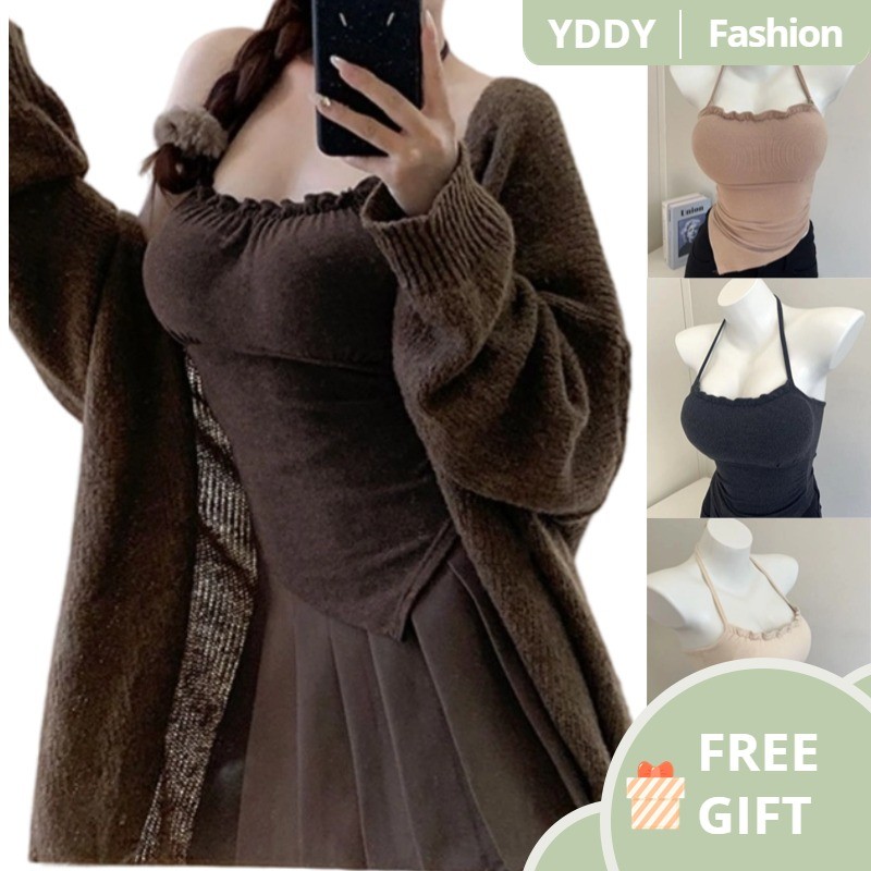 [ Yddy ] แบ ่ งแยก! Pure Desire สไตล ์ Ruffled Halter Bottoming Camisole ผู ้ หญิง Own Chest Pad Top