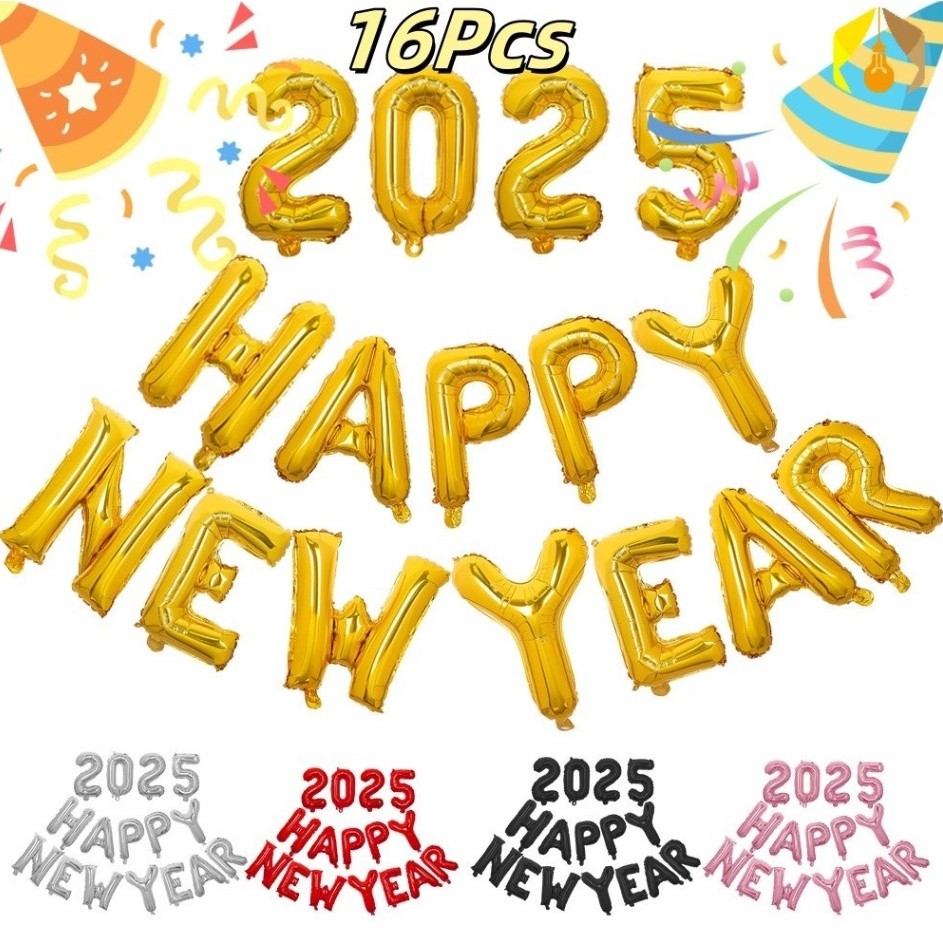 2025 ลูกโป่งสวัสดีปีใหม่ / ลูกโป่งอลูมิเนียมฟอยล์ตัวอักษร 16 นิ้ว / ทองเงิน ดอกกุหลาบ ทอง ลูกโป่งสีดํา / สุขสันต์วันคริสต์มาสตกแต่งบ้าน / สวัสดีปีใหม่พรรคอุป