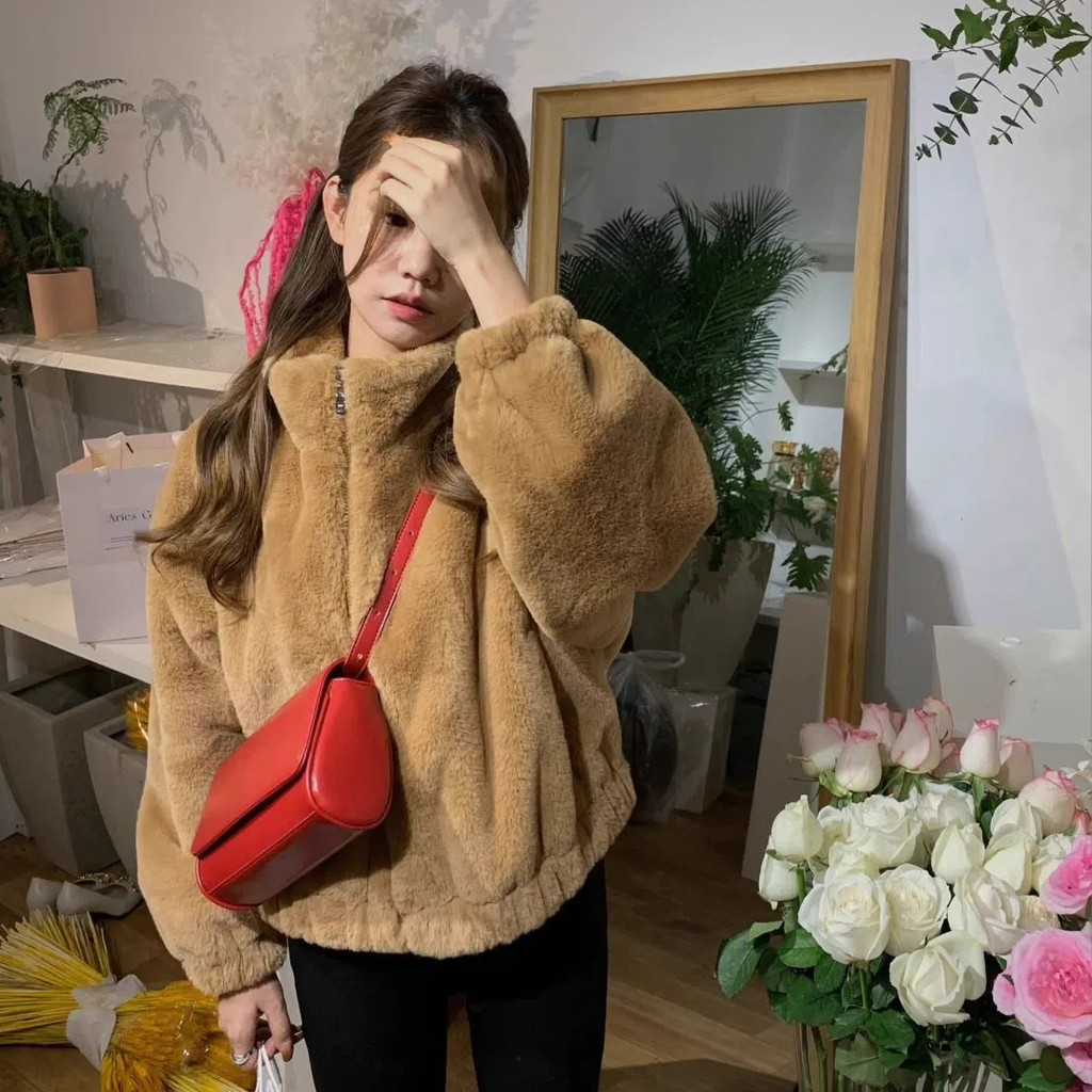 Maillard Jacket ใหม่หมีสีน้ําตาลอบอุ่นน่ารักนุ่มหนาสั้น Furry Lamb Jacket