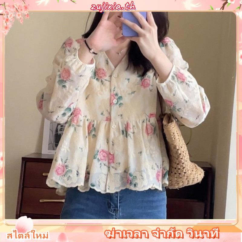 Xiao เสื้อเชิ้ตแขนพัฟ ลายดอกไม้ ขนาดเล็ก สไตล์ฝรั่งเศส แฟชั่นฤดูใบไม้ผลิ สําหรับผู้หญิง และผู้ชาย WP48