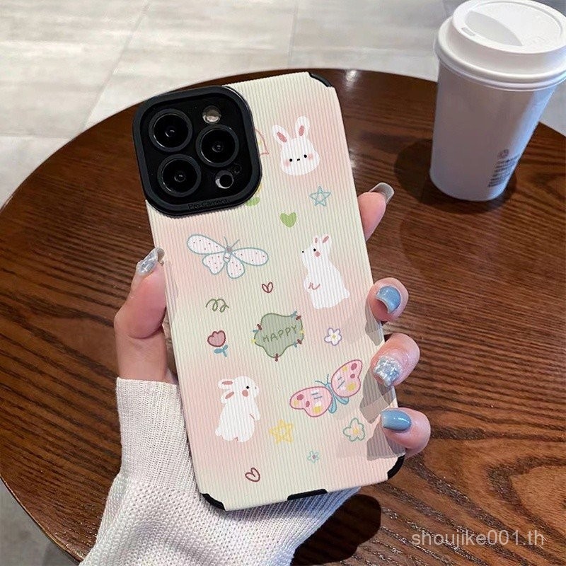 สำหรับ iPhone 15 14พลัส13 12 11PROMAX 7 8บวก x XR xsmax กรณีน่ารักผีเสื้อและกระต่ายแบบสีขาวซิลิโคนวางผิวปก
