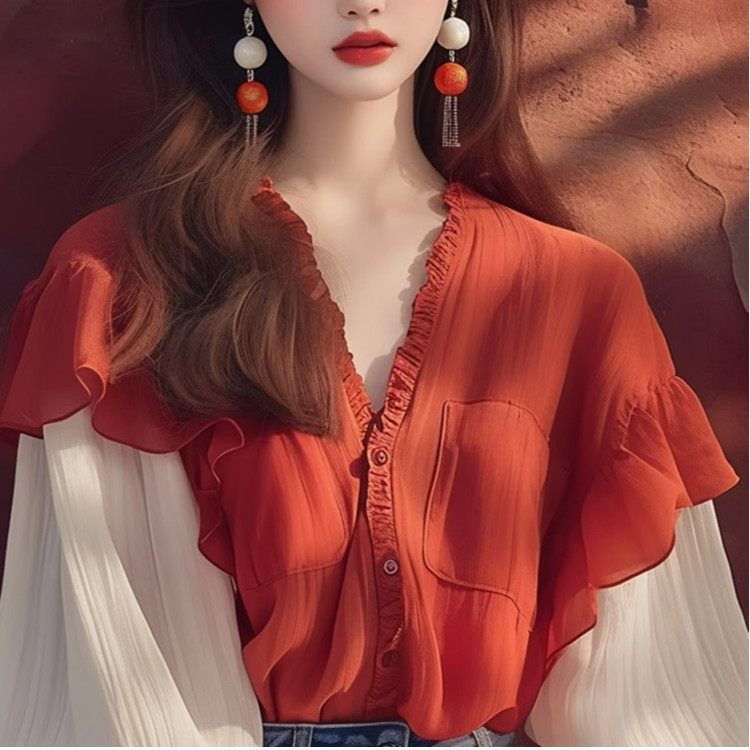 ใหม่สไตล์วิทยาลัยเกาหลีเก๋มีเอกลักษณ์สวยสีแดงผู้หญิงแขนพัฟลูกไม้ขึ้นเสื้อคอวี - รูปที่ 4