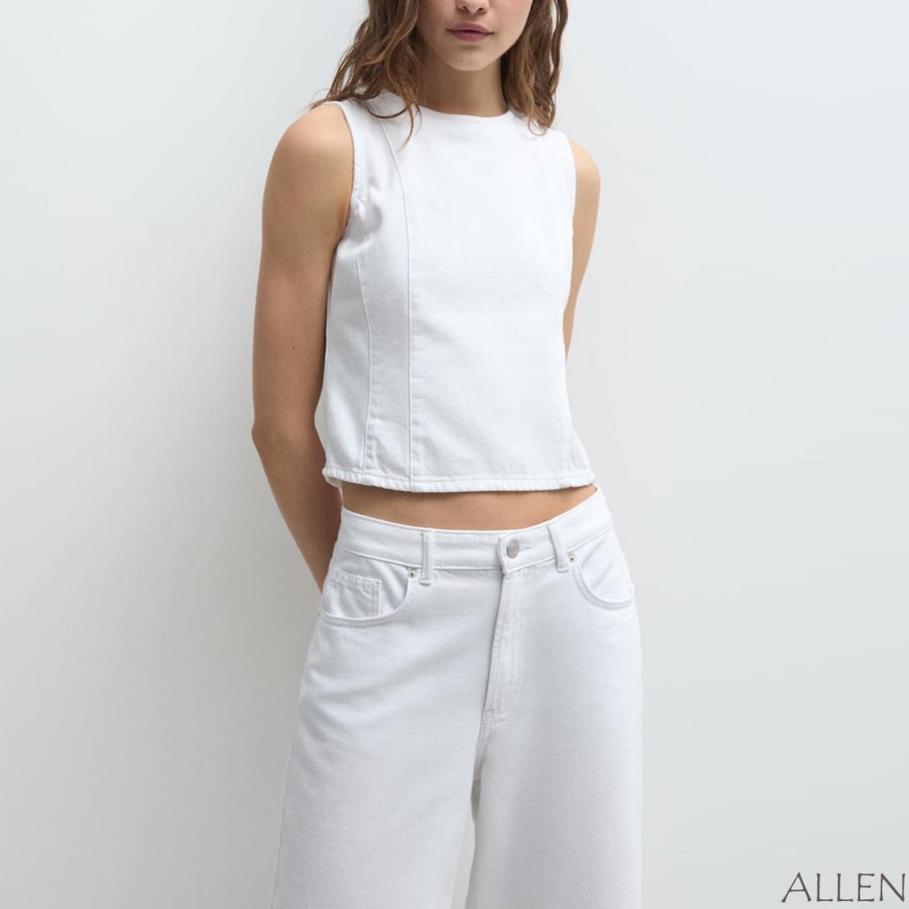 Allen-เสื้อกล้ามผ้าเดนิมสําหรับผู้หญิงติดตั้งเสื้อแขนกุดคอกลมเปิดหลังสีทึบสําหรับฤดูร้อน