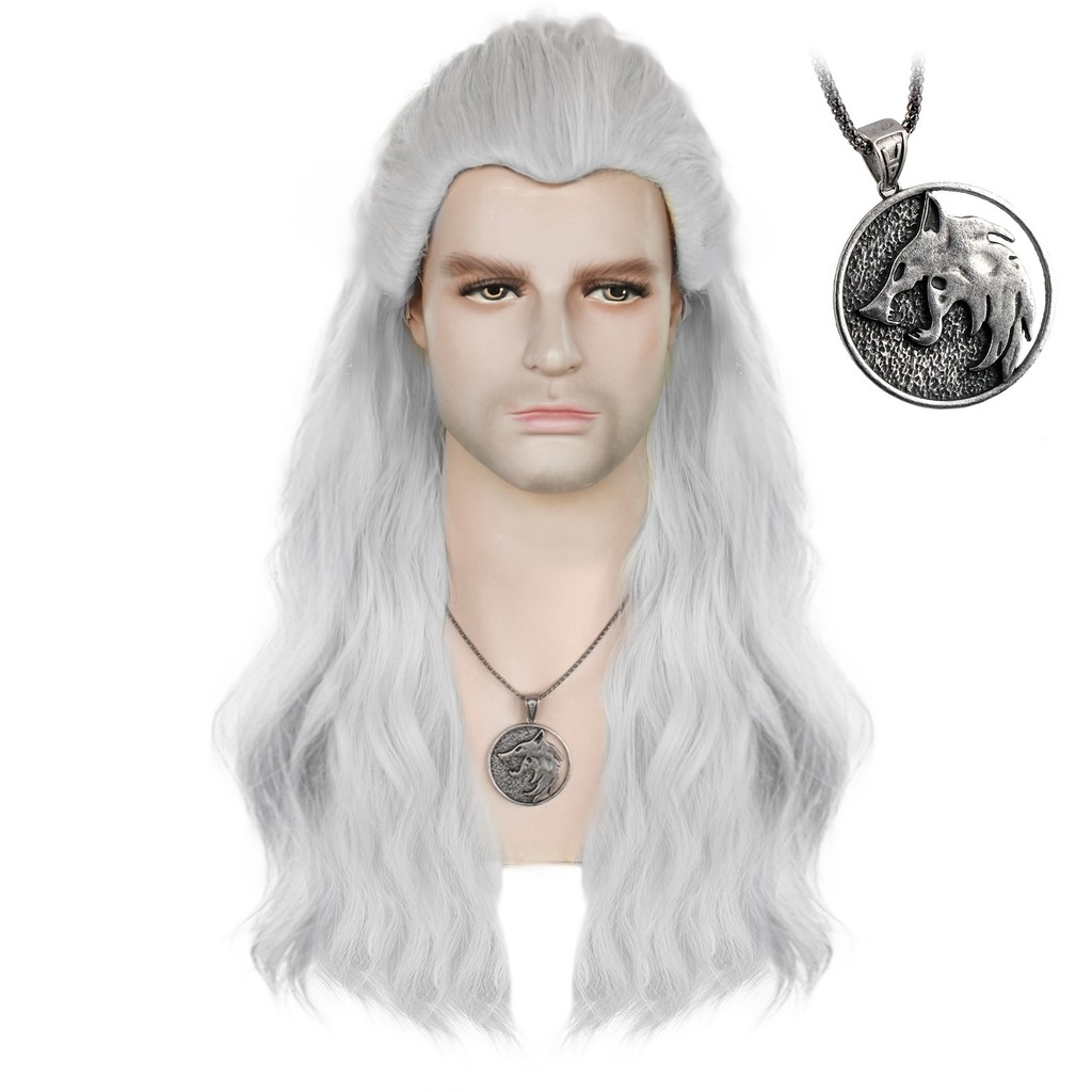 วิกผมคอสเพลย์ Geralt The Witcher Rivia Long Wave Silver White สังเคราะห์ทนความร้อนผม