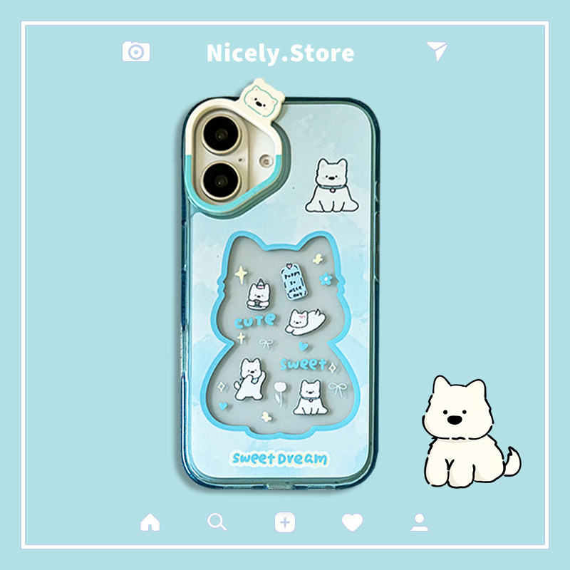 น่ารัก 3D West Highland White Terrier Dog Blue เคสโทรศัพท์สําหรับ iPhone 16 15 14 13Pro Max 16Pro 15Promax อะคริลิค Big Hole ป้องกัน Hard Casing