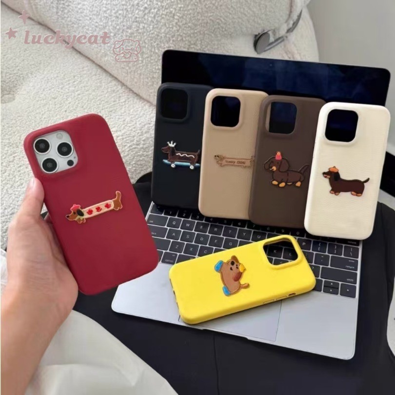 Iphone 16 15 14 13 12 11 Pro Max X Xr Xs Max 7 8 Plus SE2020 เคสโทรศัพท์น่ารักสวมหมวกสเก็ตบอร์ดลูกสุนัขสีลูกกวาดนุ่มลิ้นจี่ปกหนัง