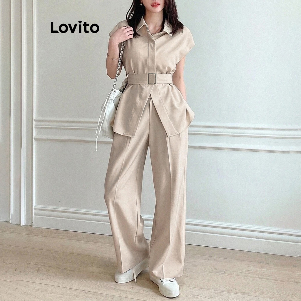 Lovito ชุดกางเกงกระดุมเข็มขัดธรรมดาสบาย ๆ สำหรับผู้หญิง L99ED063