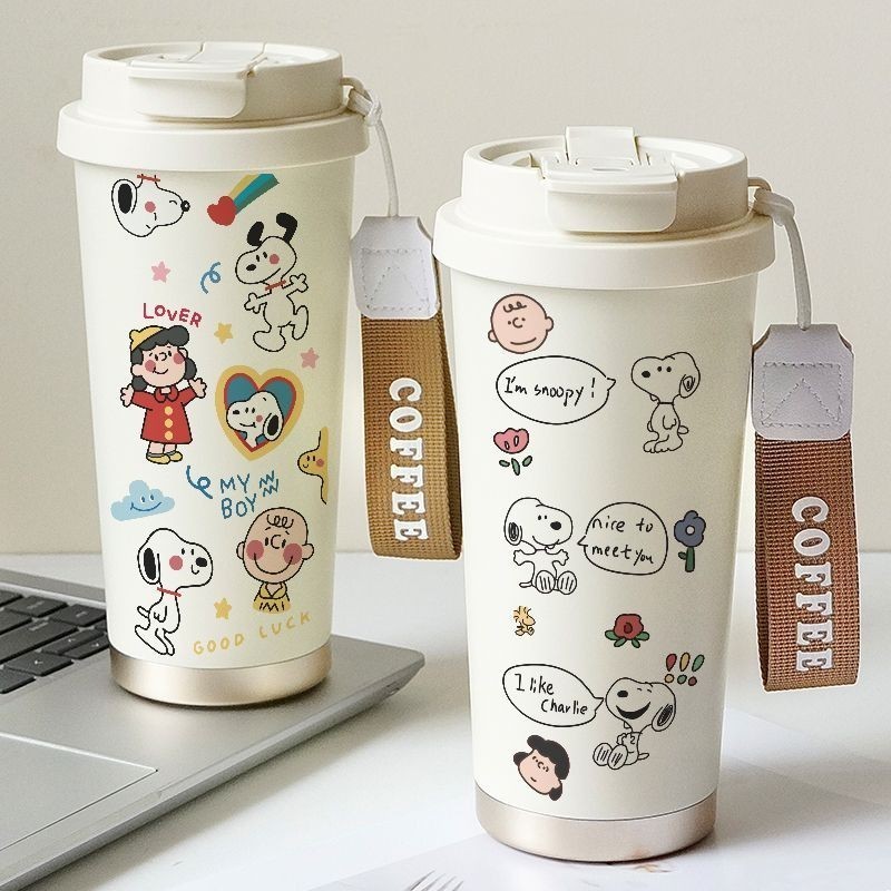 2024 Snoopy ถ้วยกาแฟการ์ตูนขวดน้ําเซรามิกซับกระติกน้ําร้อนถ้วยที่มาพร้อมกับถ้วย530มิลลิลิตรฟางถ้วย