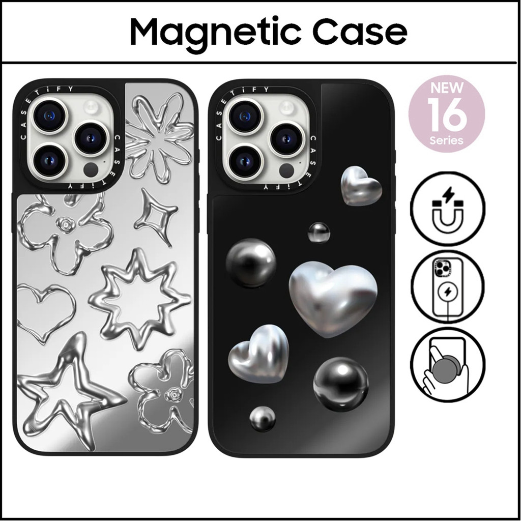 Casetify Chrome Doodles โลหะหัวใจพลาสติกแข็งกระจกอะคริลิคสําหรับ iPhone 16 11 12 13 14 15 Plus Pro Max ปลอก