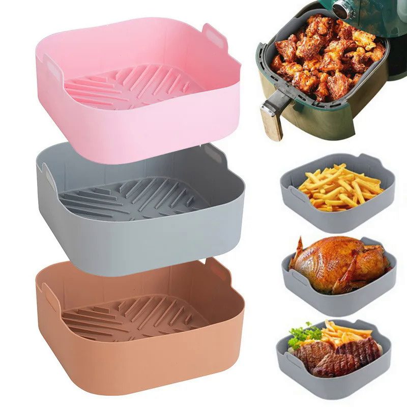 21CM Silicone Air Fryer Pot Tray BBQ Barbecue Pad Plate Airfryer Oven Baking Mold Pot Food Safe Reus