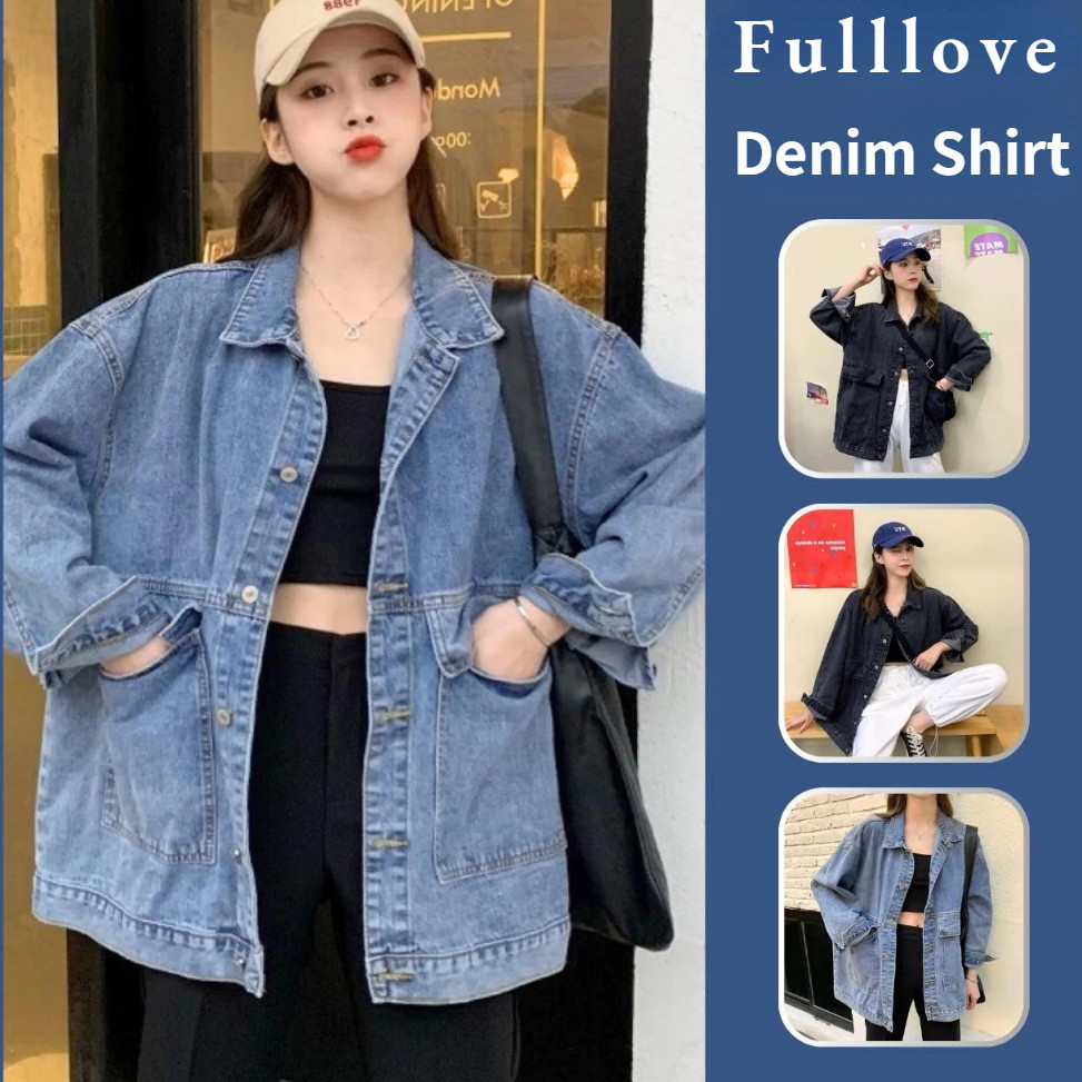 🔥ส่งไวจากไทย Fulllove แจ็คเก็ตเดนิม แฟชั่น ย้อนยุค เวอร์ชันเกาหลี หลวม หญิง สีดำ ขนาดใหญ่ แจ็คเก็ตเดนิม