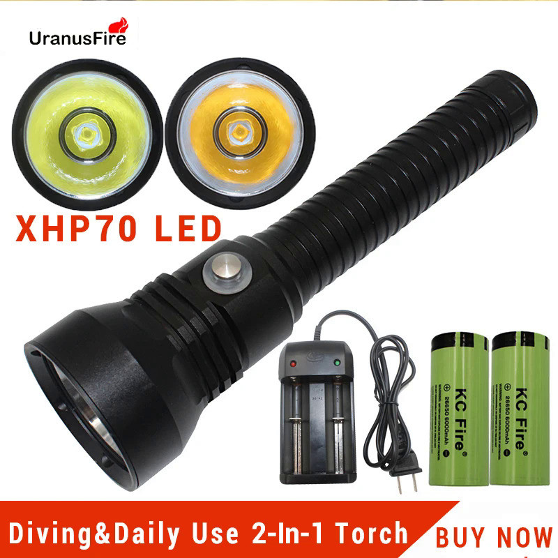 Powerful XHP70.2 LED Diving Flashlight Torch Scuba Camping 2in1 Portable Dive torch Waterproof XHP70