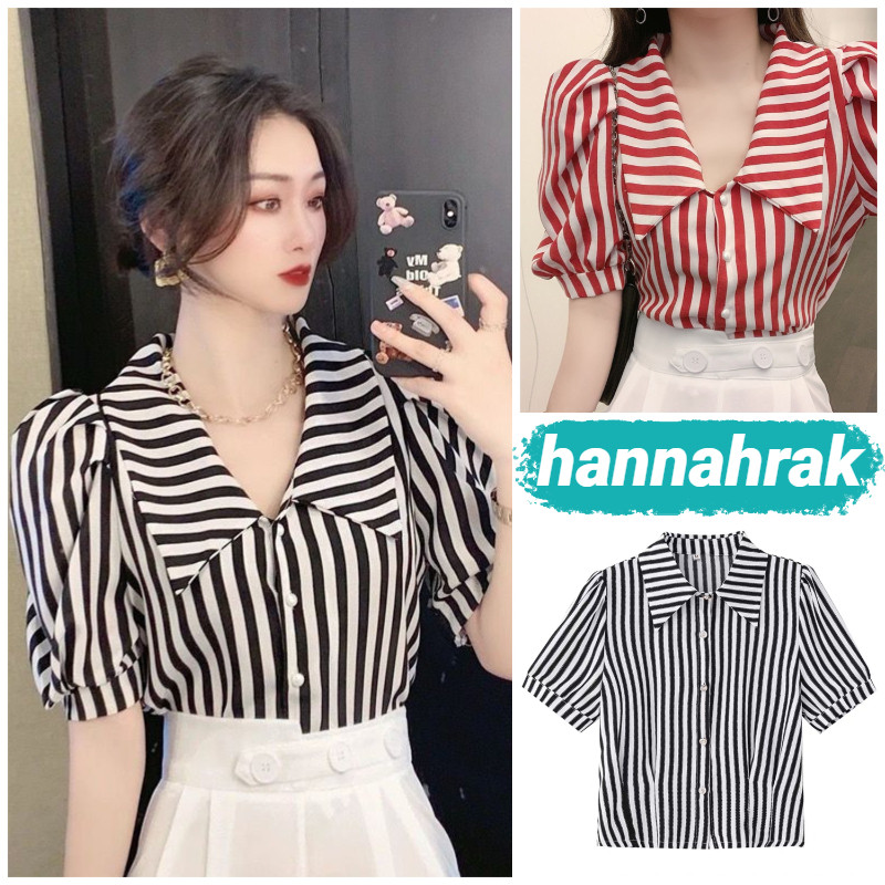 (ส่งจากกรุงเทพฯ)เสื้อสีแดงลายทางผู้หญิง เสื้อเชิ้ตแขนสั้นสีดําแขนพอง น่ารักมาก