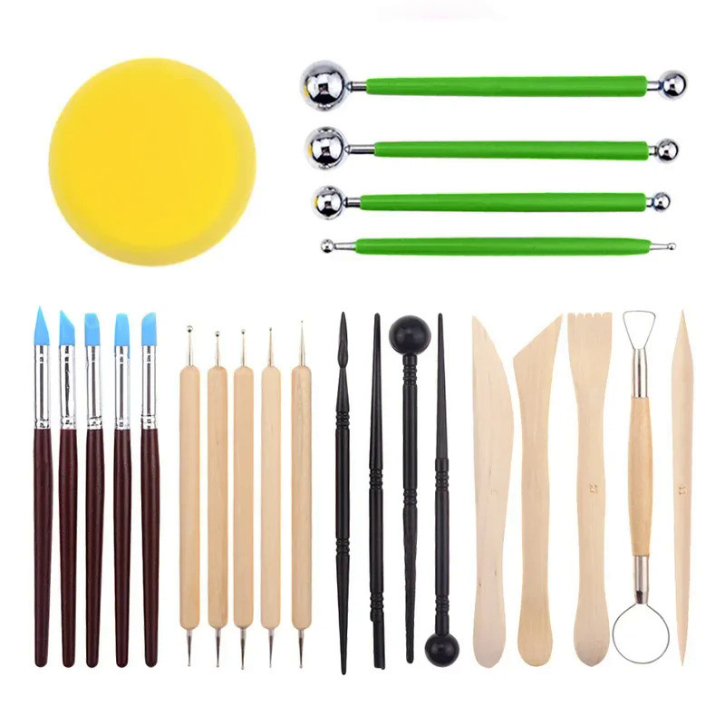 24 Pcs DIY Art Clay Pottery Tool set Crafts Clay Sculpting Tool kit Pottery & Ceramics Wooden Handle