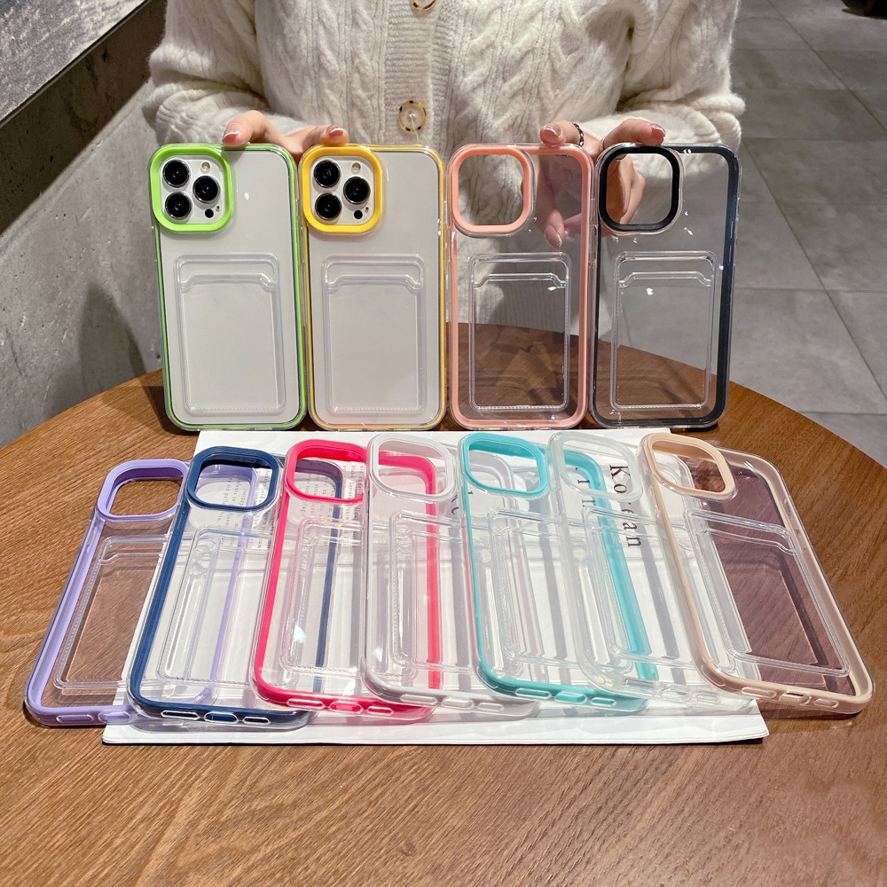 3 in 1 Card Holder Case for IPhone 16 11 13 14 12 15 Pro Max XR X XS Max 6 7 8 Plus SE สีลูกกวาด ล้างป้องกันการตก