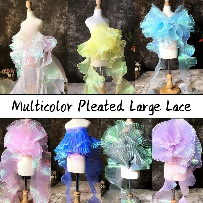 1 หลา Mermaid Ruffle จีบลูกไม้แฟนซี Magic สีเลเซอร์ Gradient สําหรับงานแต่งงาน Wave ลายตกแต่งผ้า