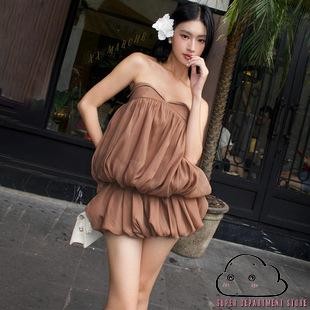 Super-women tiddings Mini Tube Dress Solid Ruched Off Shoulder Sleeve Backless Chiffon Bubble Dress
