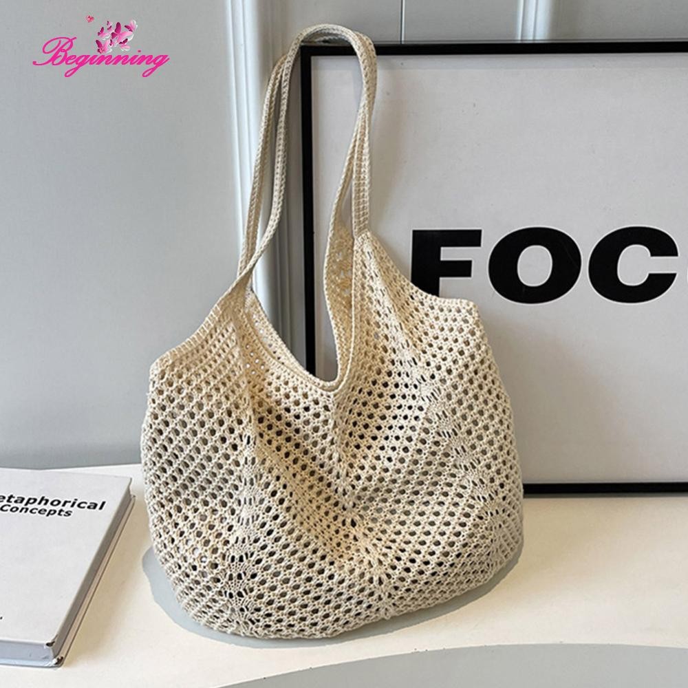 เริ่มต้น ผู้หญิงถักกระเป๋าสะพาย Hollow Out Aesthetic Hobo กระเป๋าขนาดใหญ่ความจุถัก Tote กระเป๋าถือหญิงกระเป๋ากลางแจ้ง