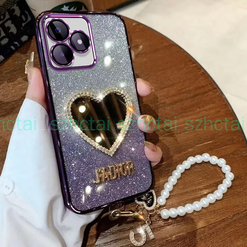 เคส Realme C67 C61 C63 Note 50 12 C65 C55 C53 C51 C12 C15 C25 C25S C21Y C25Y C30 C30S C35 C11 2021 8 5 5i 5S 6i 7i C17 9 PRO PLUS 10 11 12 PRO+ 4G 5G หรูหรา ชุบ แวววาว เกราะป้องกัน เปลือกอ่อน พร้อมเครื่องสําอางแต่งหน้า กระจกแห่งความรัก สร้อยข้อมือ เชือกเส