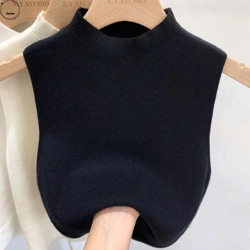Ilonim เสื้อกล้าม, สีทึบครึ่งคอเต่าถักเสื้อกั๊ก, Elegant แขนกุด Slimming Tees เสื้อยืดผู้หญิง