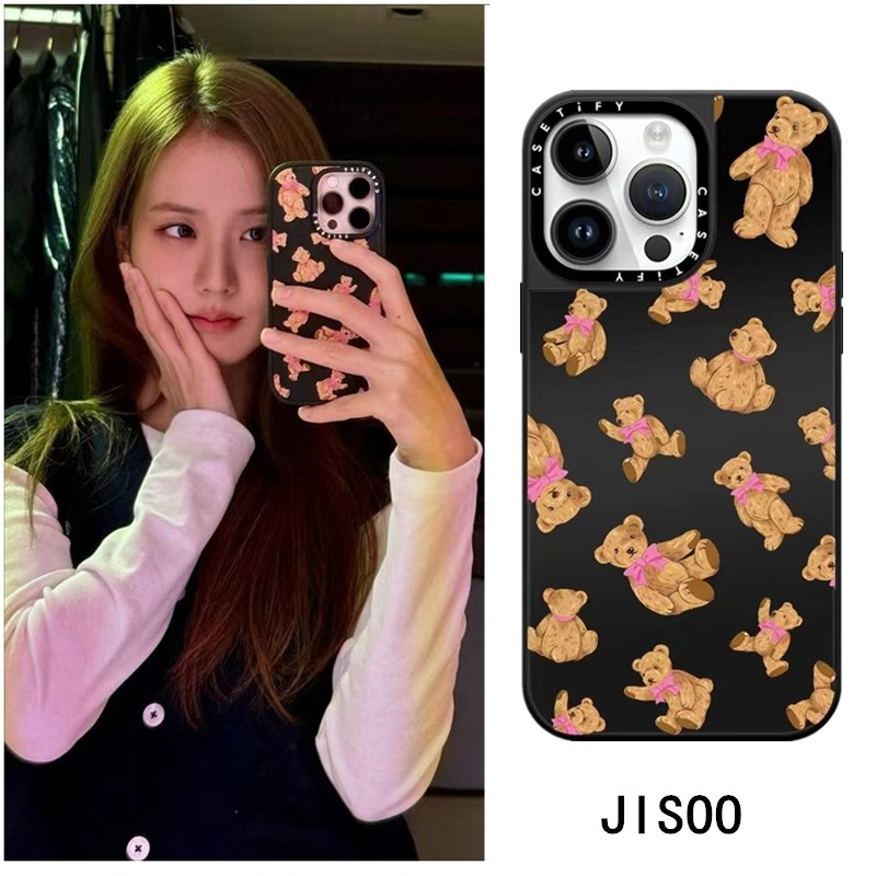 Jisoo เดียวกัน CASETi Beary หวานเคสโทรศัพท์สําหรับ iPhone 16 16Pro 11 12 13 14 15 Plus Pro Max กระจกแข็งแม่เหล็กปกแข็งสีดํา