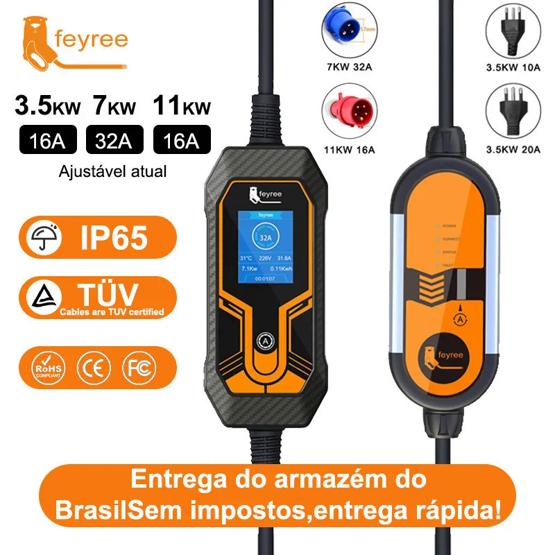 feyree 32A 7KW Type2 EV Portable Charger 11KW 16A 3 Phase 5M Cable EVSE Charging Box Car Charger CEE