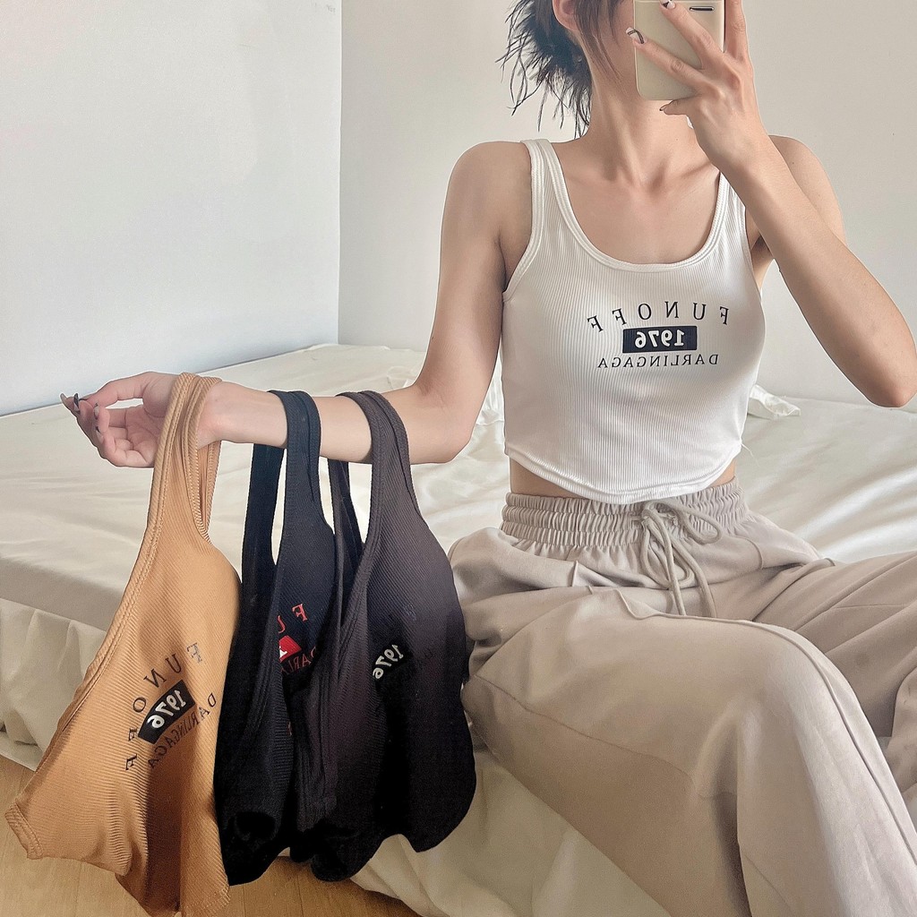 #311 เสื้อกล้าม เสื้อชั้นในสตรีแขนกุดคอกลม, เด็กผู้หญิงพิมพ์ตัวอักษร เสื้อกั๊กตัดต่ําเสื้อยืดผู้หญิง