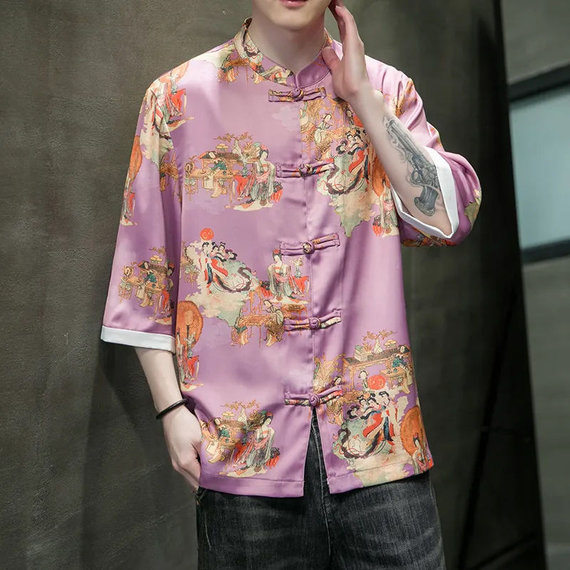 สไตล์จีนผู้ชายฤดูร้อนผ้าไหมน้ําแข็งแขนสั้นเสื้อย้อนยุคสไตล์จีน กลิ่นฉุน ชุด ฮันฟู เสื้อยืดพิมพ์สามไตรมาสแขนเสื้อ 10.16