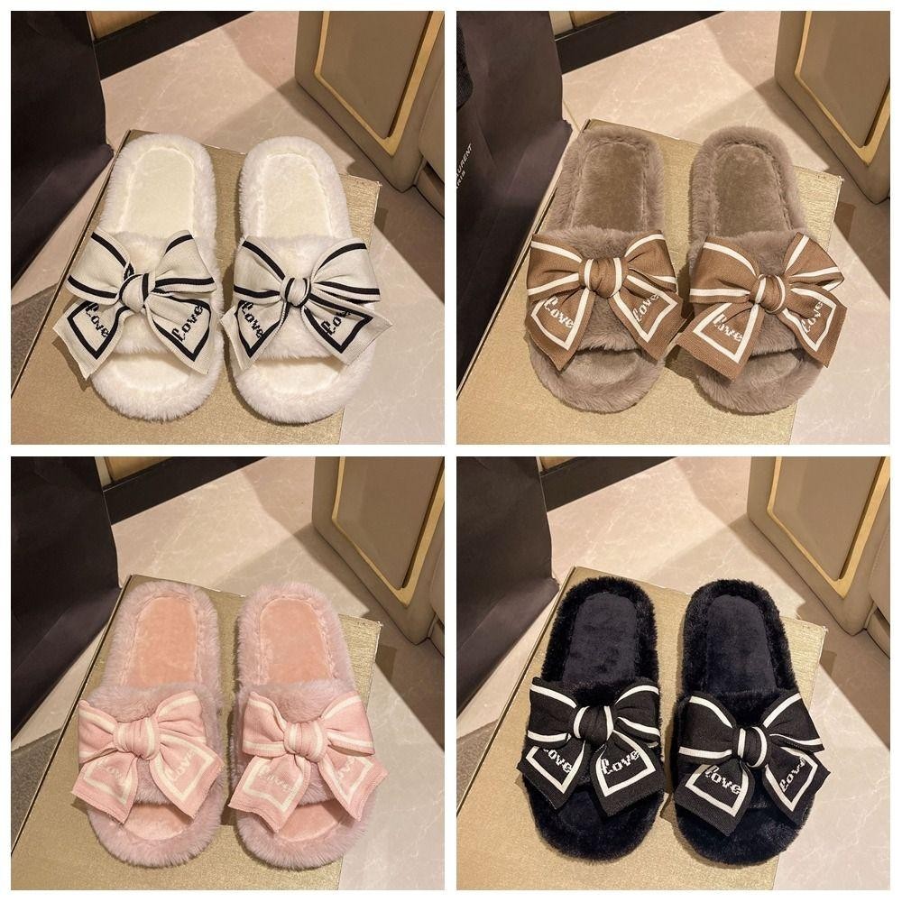 Just Plush One-line รองเท้าแตะ,รองเท้าแตะขนสัตว์ Bowknot ลื่นนุ่ม,ลําลองน่ารักหนารองเท้าแตะบ้านรองเท้าในร่ม