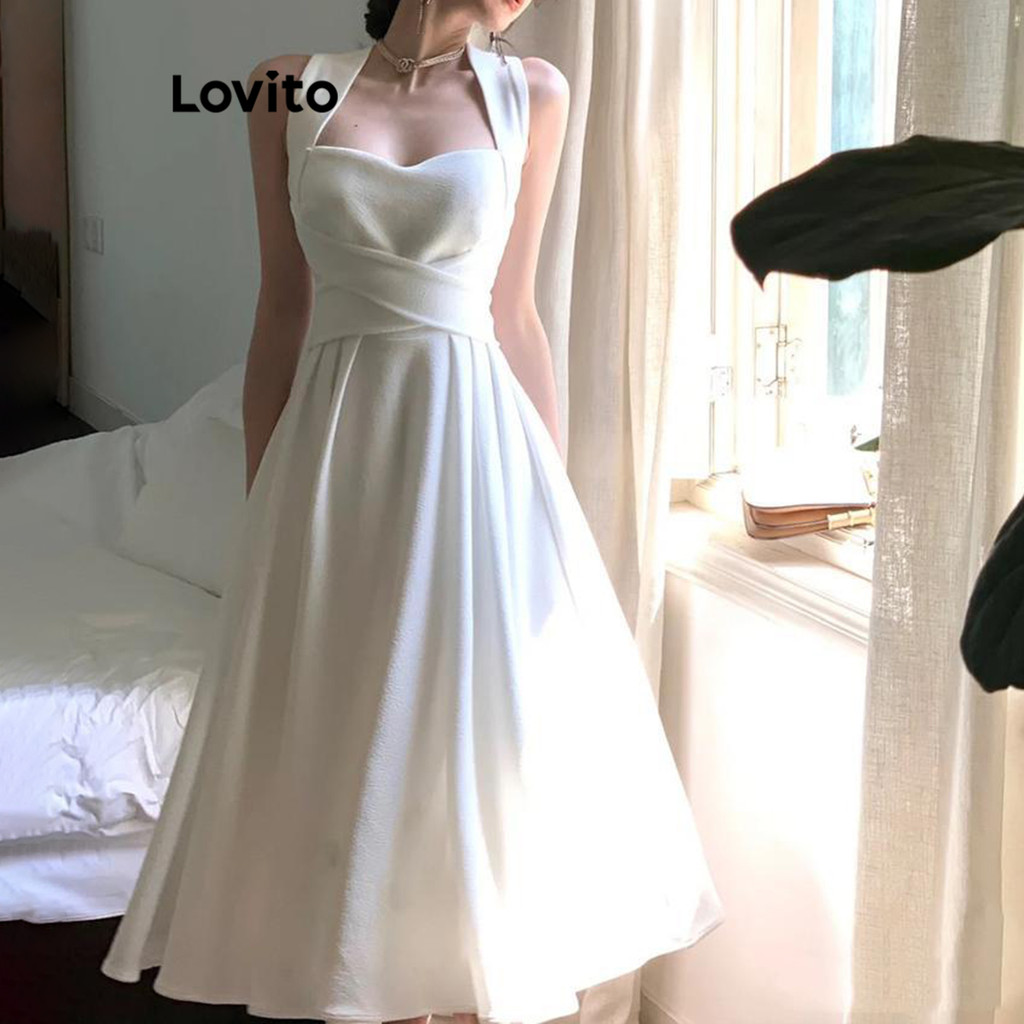 Lovito ชุดเดรสผู้หญิง ผูกโบว์หลัง สีพื้น สไตล์หรูหรา LNE51083