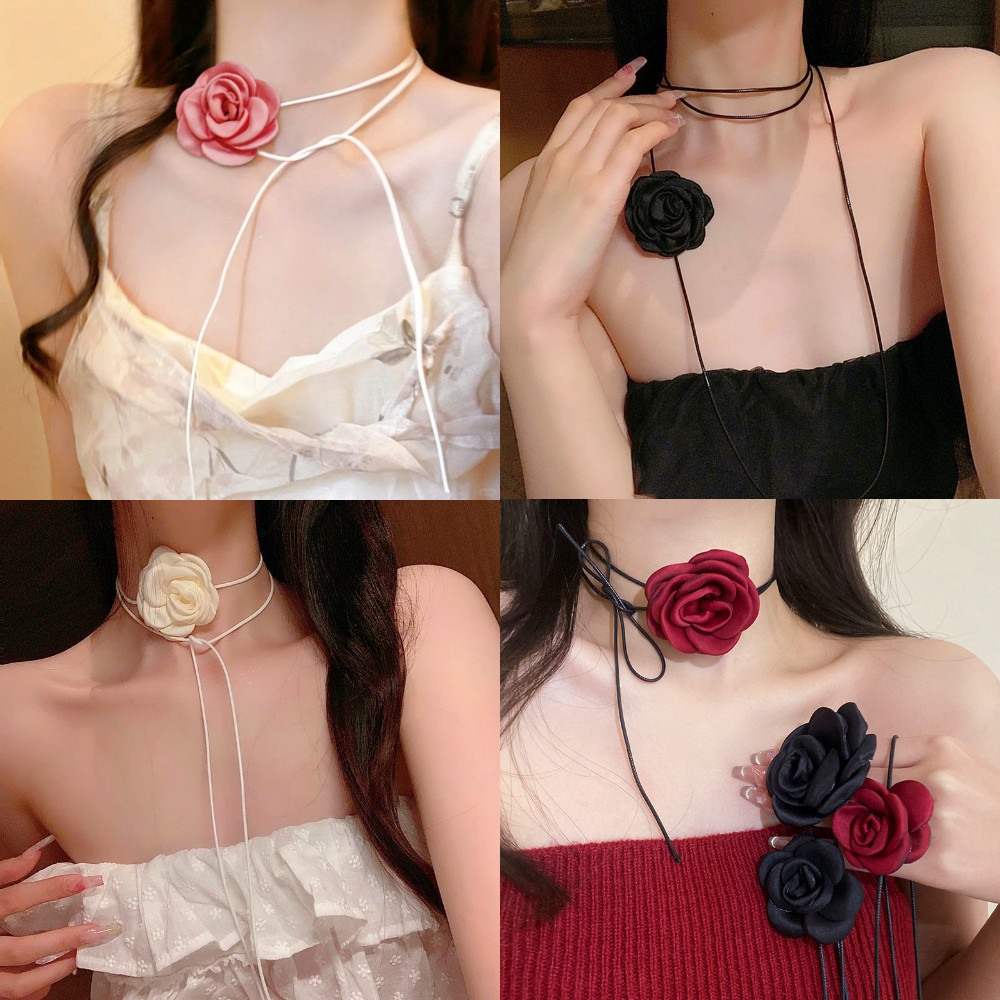 โชกเกอร์ดอกกุหลาบ สร้อยคอโชคเกอร์ดอกกุหลาบแบบผูกเชือก 4 สี สวยหรู