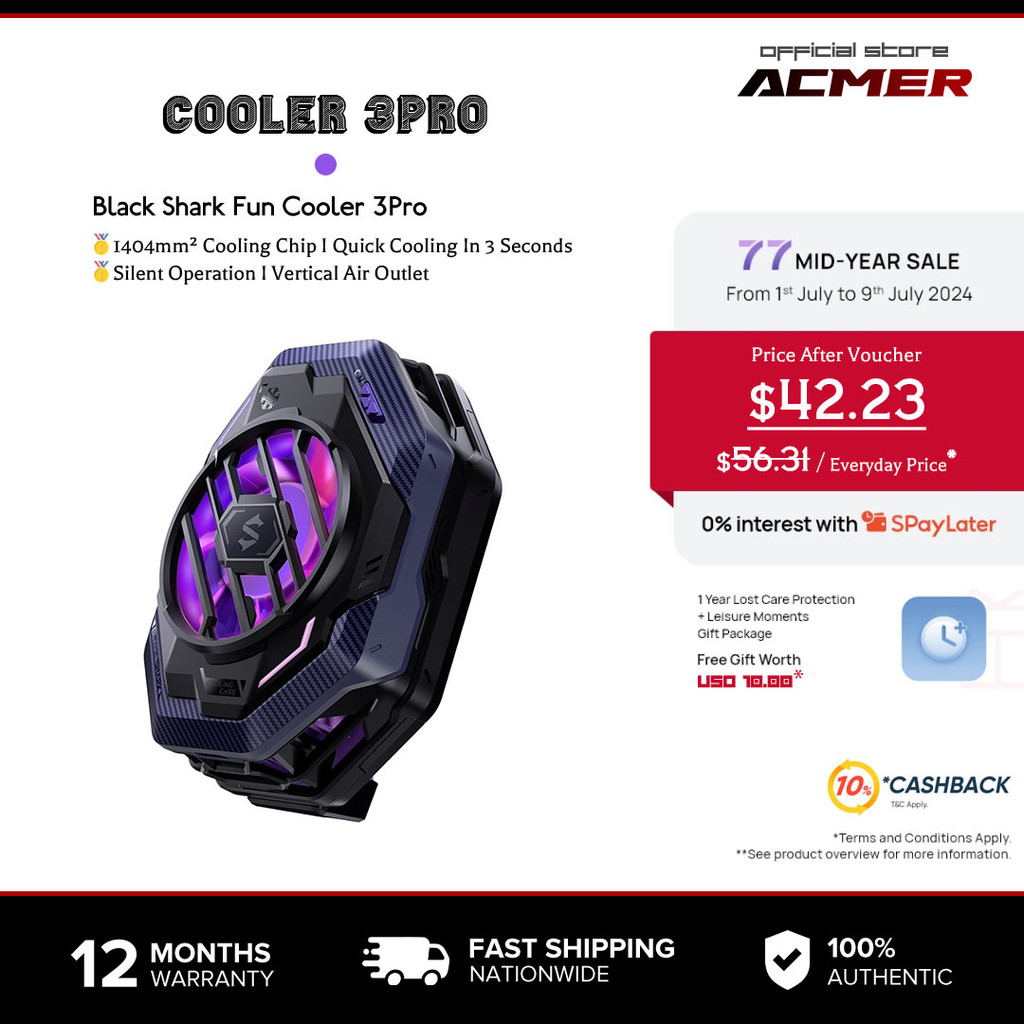 ACMER เครื่องทำความเย็นโทรศัพท์ Black Shark Fun Cooler 3Proระบบระบายความร้อนโทรศัพท์พร้อมตัวตั้งเวลา