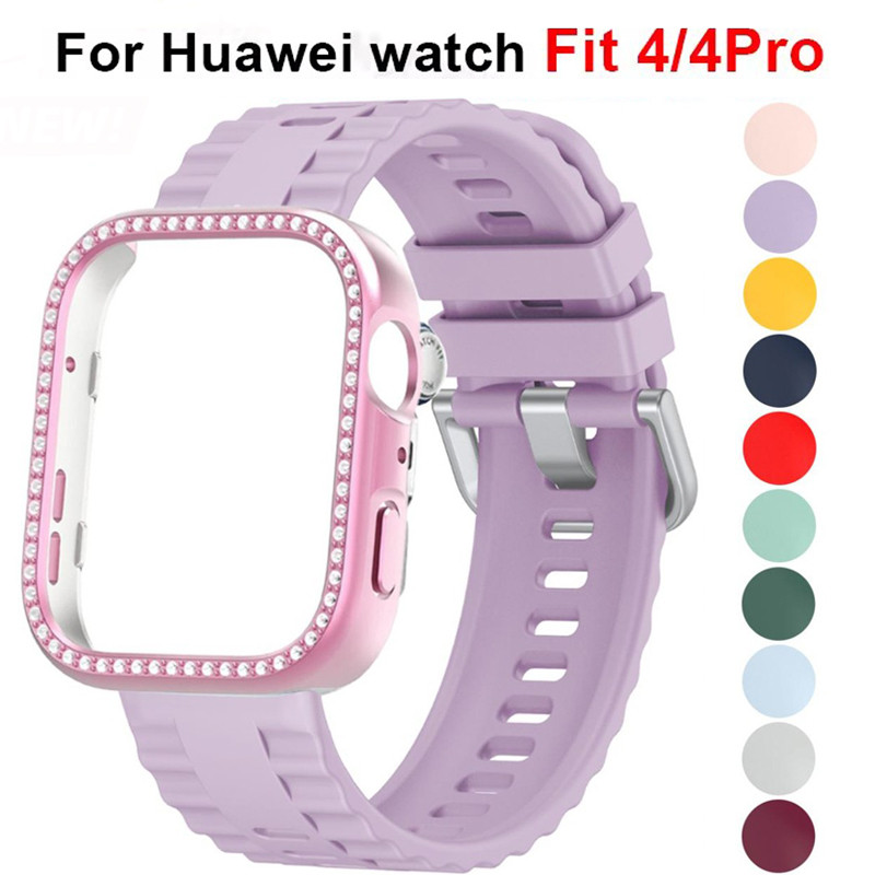 สายรัดซิลิโคน + เคสเพชรสําหรับ Huawei Watch Fit 4/4 Pro สร้อยข้อมือกีฬาหน้าจอฝาครอบป้องกันอุปกรณ์เสริม