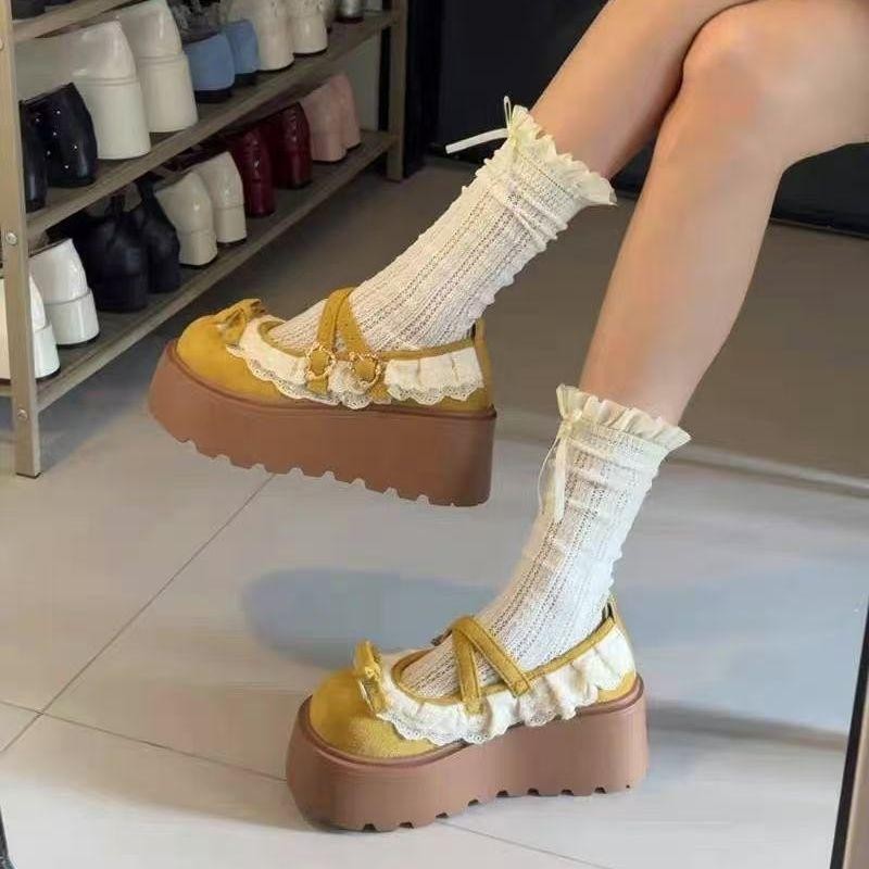 TX692 รองเท้าเเตะแบบสวมแมรี่เจน พื้นหนา7CM โบว์หวานฝรั่งเศส น้ำหนักเบา สำหรับผู้หญิง(เท้าอวบอูมตรงไซส์/เท้าผอมเรียว-1)