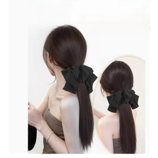 หางม้าถักเปียยาว คลิปวิกผมผู้หญิง ผมตรง สไตล์ฝรั่งเศส พร้อมโบว์หรูหรา