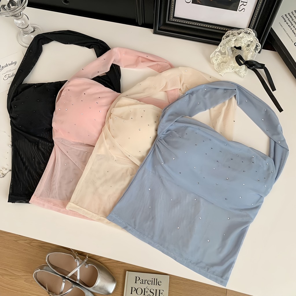 QY.Shop เสื้อกล้ามคอกว้าง ฟองน้ำในตัว กากเพชรหน้าอก ผ้าซีทรูสุดฮอต แขนกุดู ทรงท่อ หน้าร้อน เซ็กซี่สุดๆ 