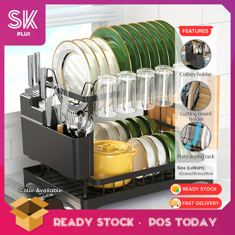 SKplus 2 ชั้นเหล็กคว่ําจานกันสนิมพร้อมฝาหม้อกระทะและที่วางเขียงเคาน์เตอร์ รักผิงกัน Mangkuk