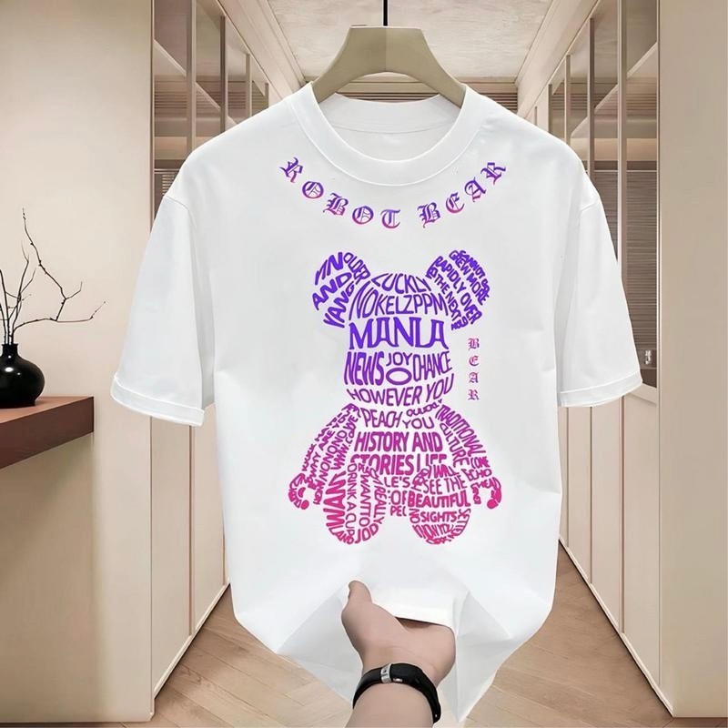 เสื้อยืดผู้ชายเท่ๆ คอกลมแขนสั้น สกรีนลายหมีแฟชั่นสุดฮิต เสื้อยืดสตรีทแฟชั่นเมกาสุดเท่ โอเวอร์ไซส์ เสื้อยืดผู้ชายอ้วน